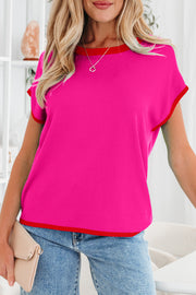 Rose Red Contrast Trim Round Neck Short Sleeve Loose Knit Sweater