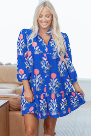Blue Floral Print Button Detail 3/4 Puff Sleeve Ruffle Hem Dress