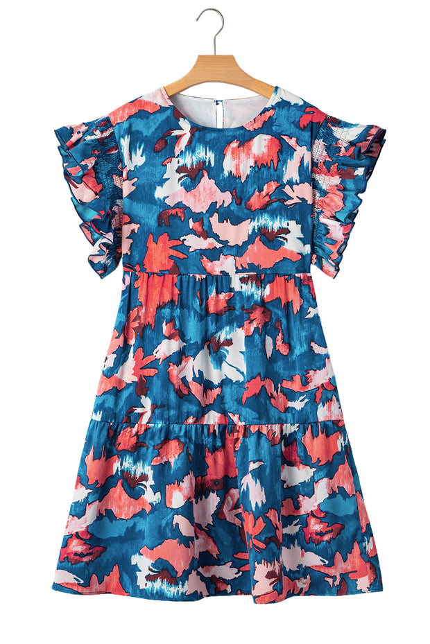 Blue Abstract Print Shirred Ruffled Short Sleeve Tiered Plus Size Mini Dress