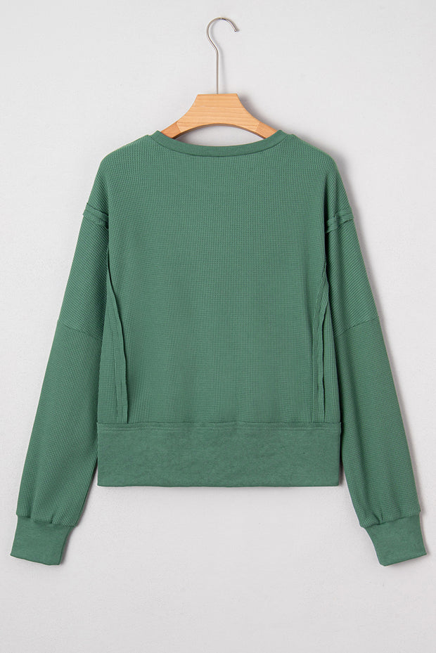Evergreen Solid Color Raw Seam Patchwork Ribbed Drop Shoulder Sweatshirt