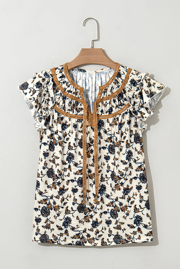 White Floral Frilly Blouse with Lace Up
