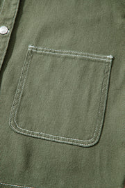 Smoke Green Patched Pocket Collared Button Front Boyfriend Denim Jacket