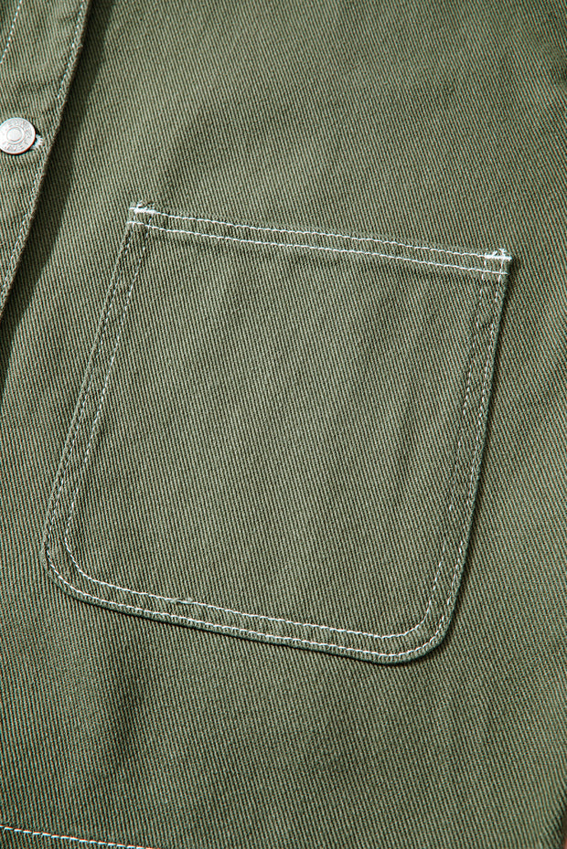 Smoke Green Patched Pocket Collared Button Front Boyfriend Denim Jacket