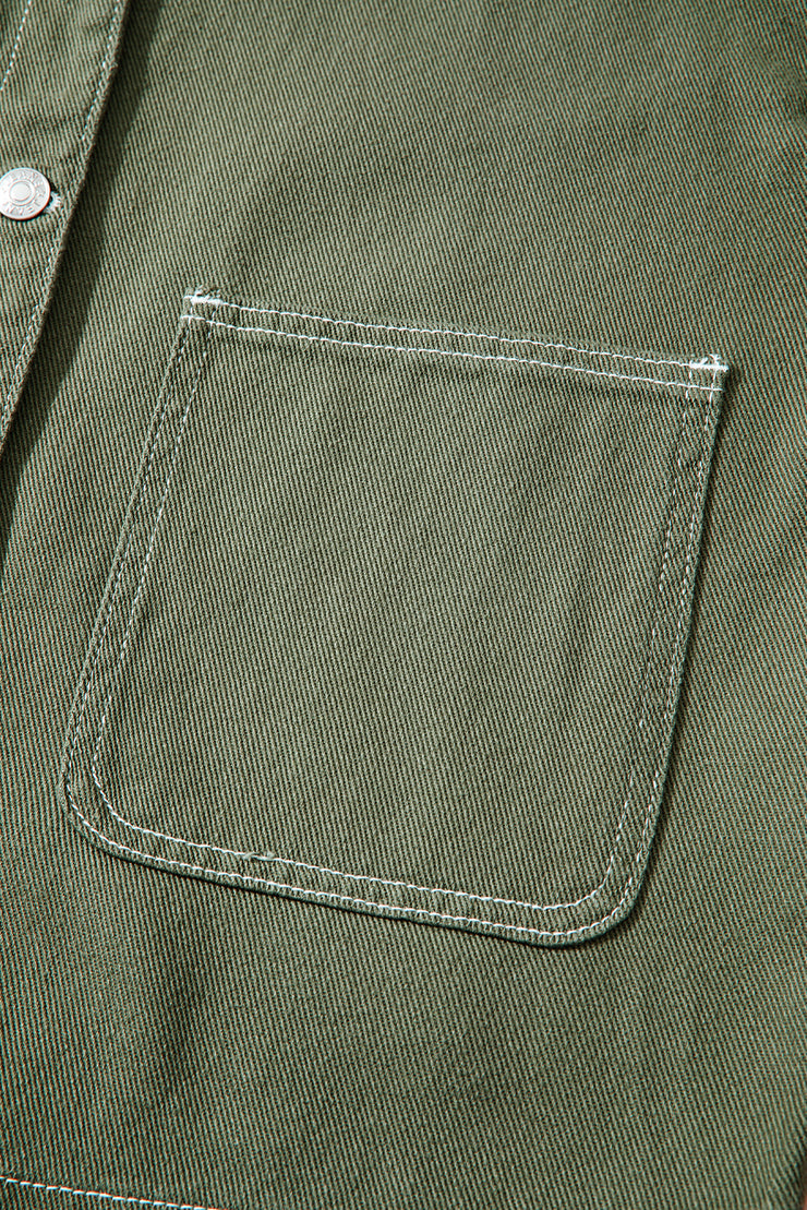 Smoke Green Patched Pocket Collared Button Front Boyfriend Denim Jacket