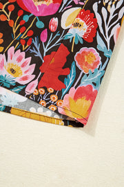 Black Floral 3/4 Puff Sleeve Tied Neck Blouse