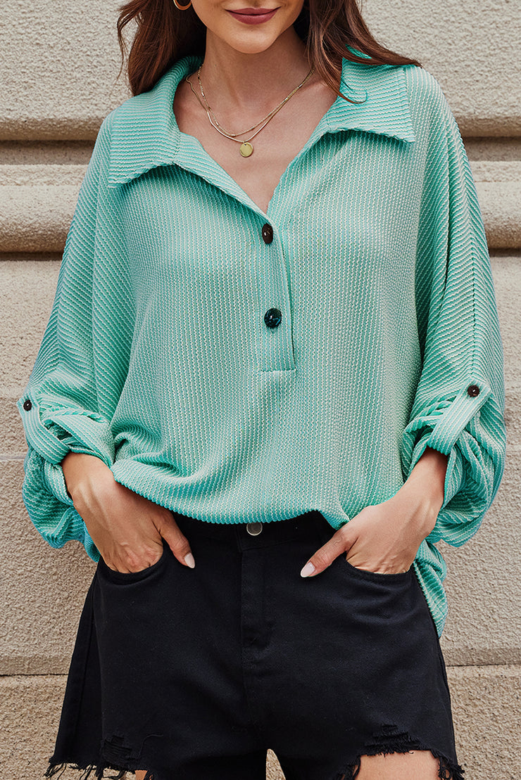 Light Blue Oversized Twist Ribbed Collared Henley Top with Roll up Sleeve
