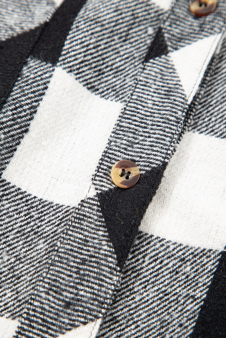 Black Double Plaid Patchwork Drawstring Hooded Shacket