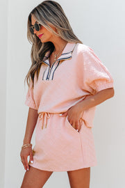 Light Pink Striped Collared Zip up Textured Skirt Set