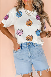 White Sequin Pumpkin Face Patched Crew Neck Holiday T Shirt