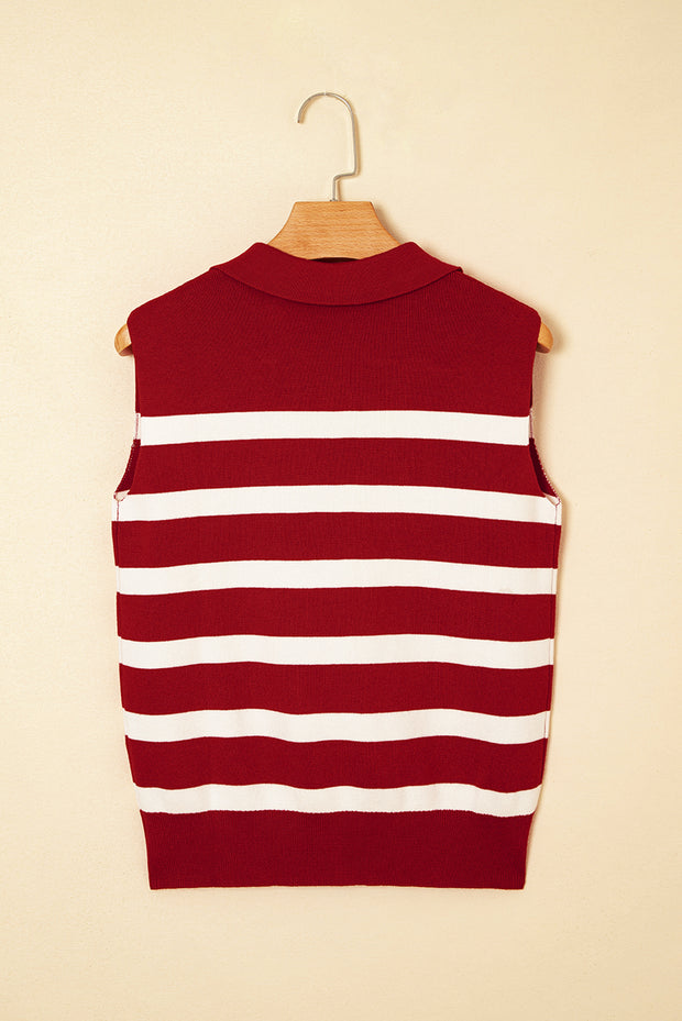Red Stripe Collared Split Neck Sweater Vest