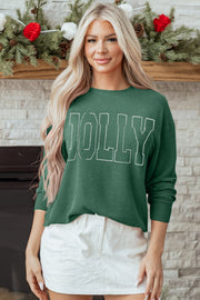 Blackish Green Twisted Rib Outlined Merry Letter Graphic Loose Long Sleeve Top