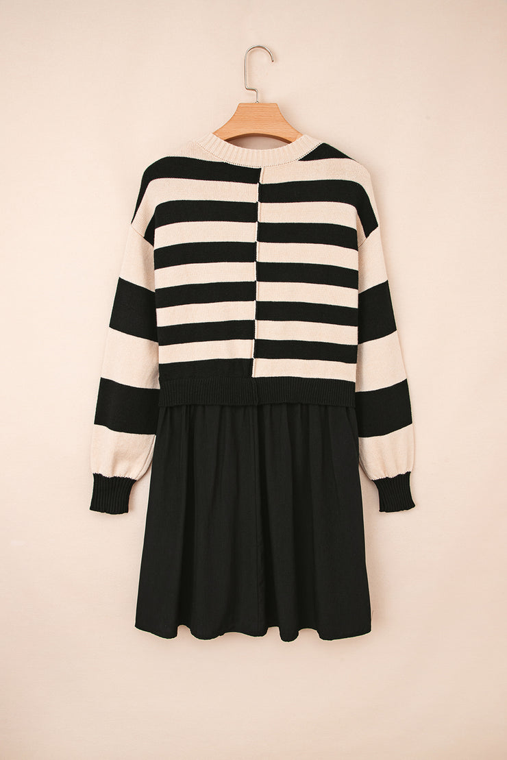 Black Stripe Two in One Knitted Top High Waist Splicing Hem Sweater Dress