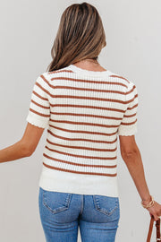 Khaki Stripe Scalloped Round Neck Short Sleeve Sweater