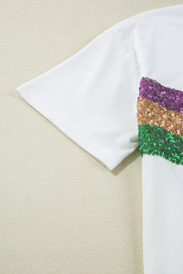 Camiseta de cuello redondo con parches de rayas y lentejuelas blancas para Mardi Gras