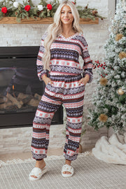 Black Retro Christmas Pattern Loose Pullover 2pcs Lounge Pant Set