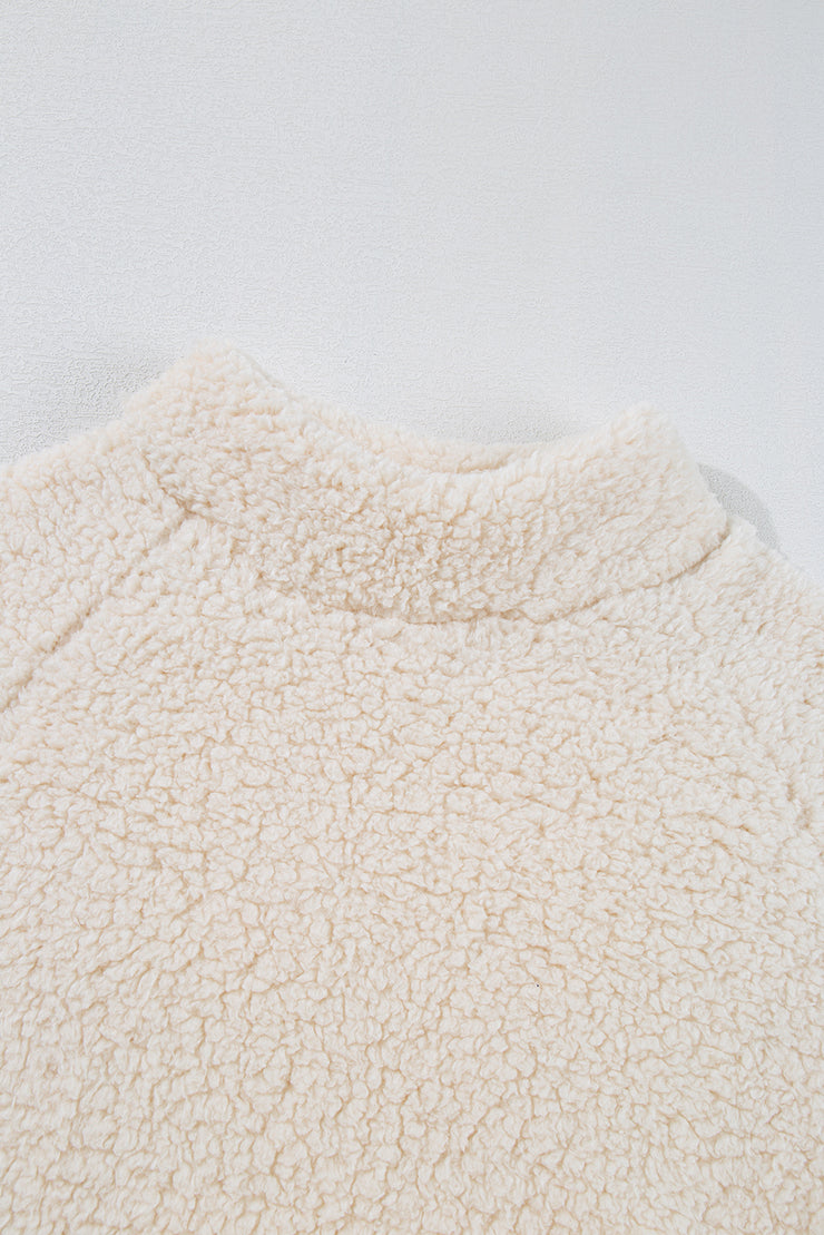 White Solid Fleece High Neck Drop Shoulder Pullover Sweatshirt