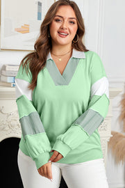 Moonlight Jade Color Block Striped Patchwork Collar V Neck Plus Size Sweatshirt