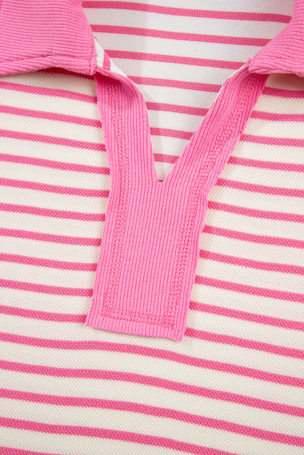 Pink Stripe Collared V Neck Drop Shoulder Pullover and Skort 2pcs Outfit