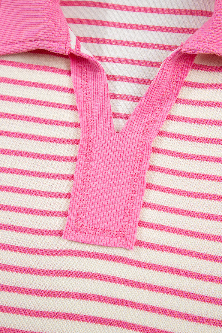 Pink Stripe Collared V Neck Drop Shoulder Pullover and Skort 2pcs Outfit