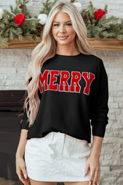 Black Twisted Rib Outlined Merry Letter Graphic Loose Long Sleeve Top