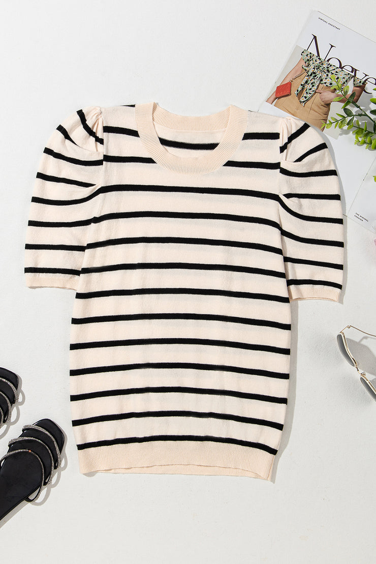 Black Stripe Ribbed Trim Round Neck Bubble Sleeve Knitted Top
