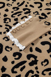 Brown Leopard Knitted Lacy Trim Cuffed Plus Size Sweater