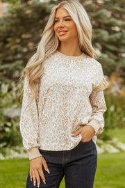 Khaki Leopard Ruffle Detail Ribbed Trim Round Neck Sweatshirt