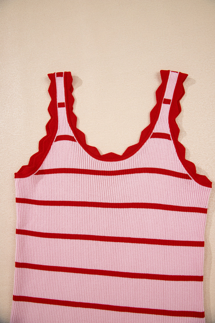 Rose Stripe Striped Scalloped Edge U Neck Sleeveless Sweater Vest
