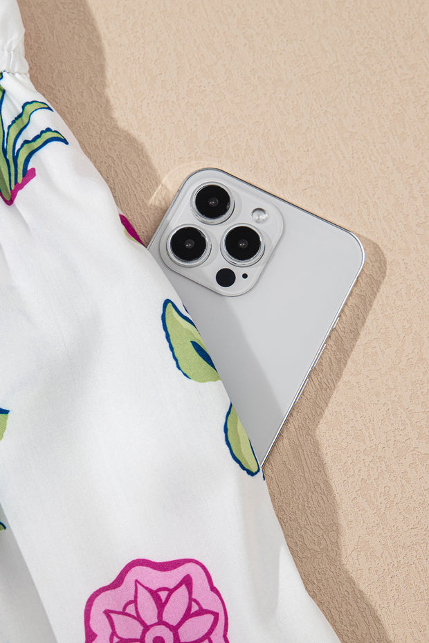 White Floral Puff Short Sleeve V Neck High Waist Maxi Dress