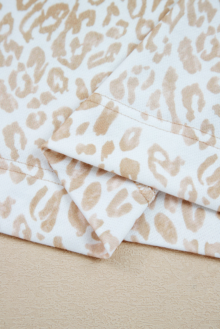 Khaki Leopard Ruffle Detail Ribbed Trim Round Neck Sweatshirt