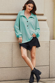 Light Blue Oversized Twist Ribbed Collared Henley Top with Roll up Sleeve