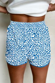 Blue Leopard Elastic Waist Lace up Contrast Trim Casual Shorts