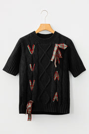 Black Plaid Lace up Detail Christmas Holiday Puff Short Sleeve Sweater