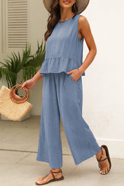 Beau Blue Solid Color Ribbed Ruffle Tank Top and Pants Set