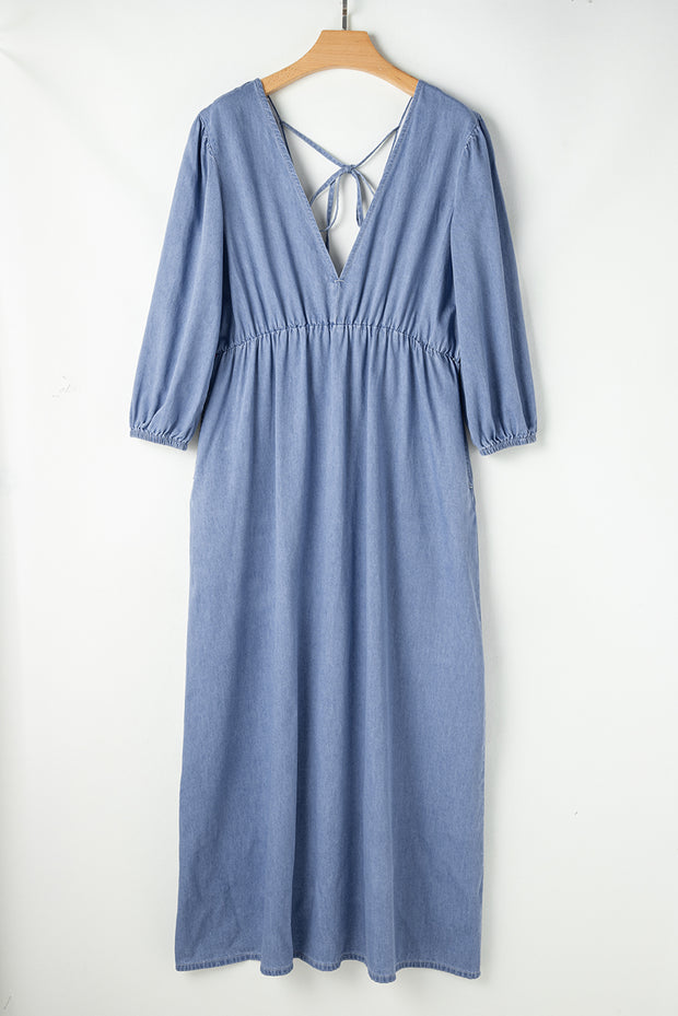 Vestido largo Myosotis Chambray con escote en V profundo y mangas con brazalete