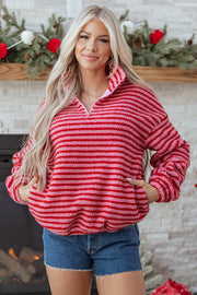 Pink Stripe Quarter Zip Fleece Oversize Sweatshirt