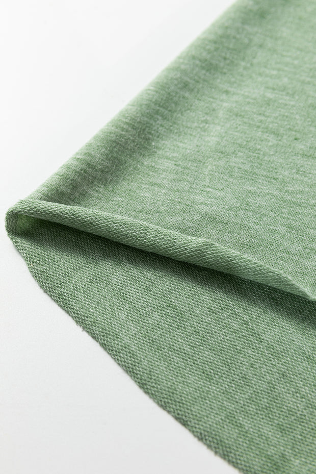 Smoke Green Notched Neck Terry Raw Hem Long Sleeve Top