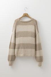 Khaki Striped Color Block Brushed Knit Bow Tie Front Sweater Cardigan