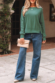 Evergreen Solid Color Raw Seam Patchwork Ribbed Drop Shoulder Sweatshirt