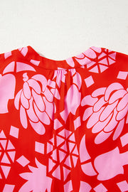 Strawberry Pink Abstract Floral Print Tie Neck Button Decor 3/4 Sleeve Blouse