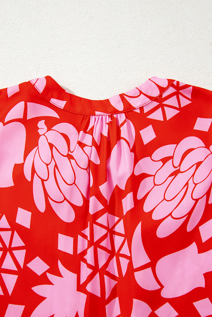 Strawberry Pink Abstract Floral Print Tie Neck Button Decor 3/4 Sleeve Blouse