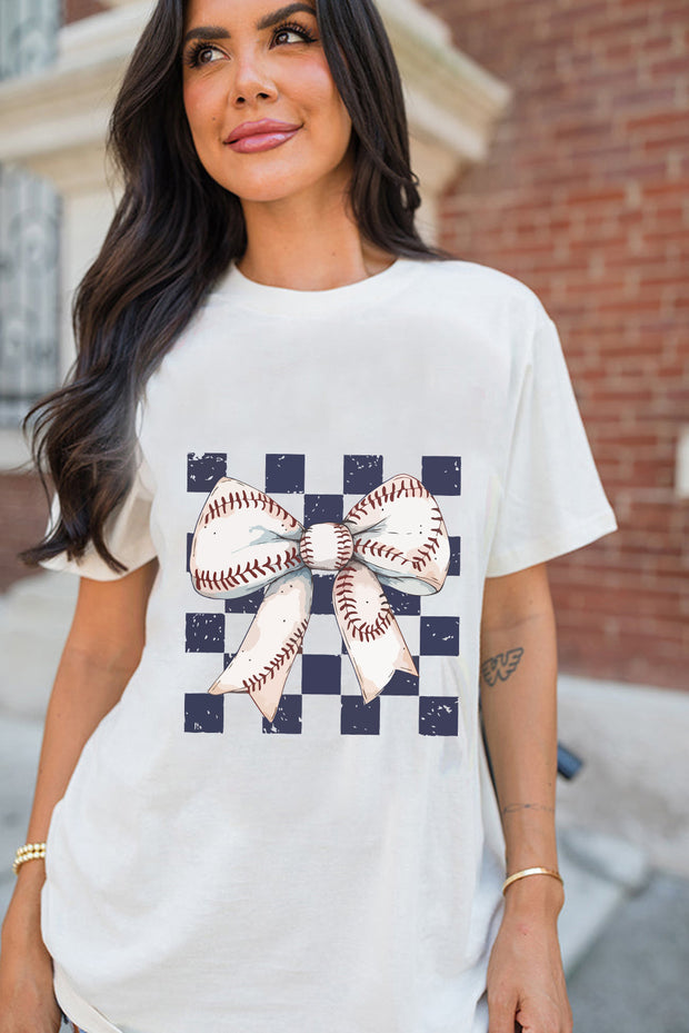 White Checkered Rugby Bowknot Graphic Crew T Shirt