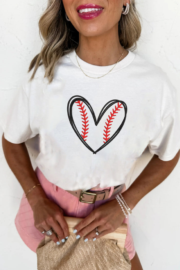 White Baseball Heart Shape Embroidery Graphic Tee
