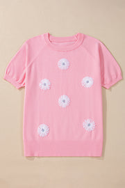 Pink Flower Pattern Short Sleeve Knitted Top