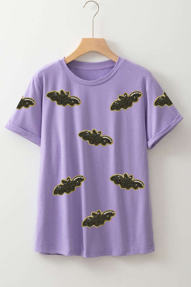 Wisteria Sequin Halloween Bat Patched Casual T Shirt