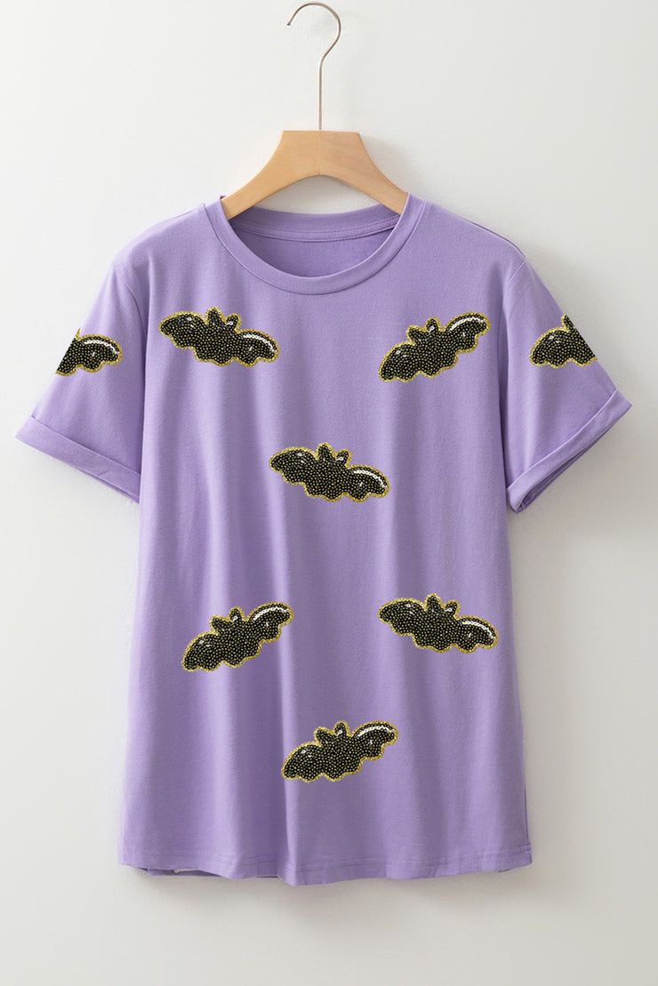 Wisteria Sequin Halloween Bat Patched Casual T Shirt