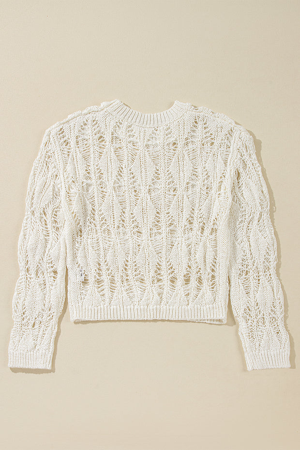 White Cut Out Crochet Crew Neck Loose Fit Sweater