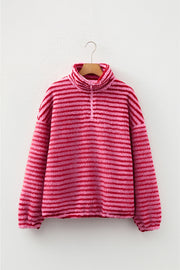 Pink Stripe Quarter Zip Fleece Oversize Sweatshirt