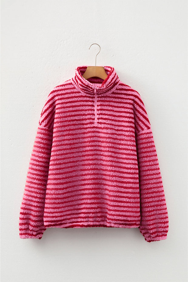 Pink Stripe Quarter Zip Fleece Oversize Sweatshirt
