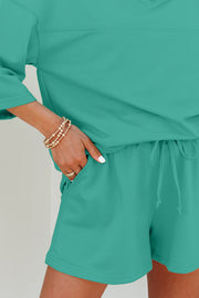 Sea Green Solid Loose V Neck Half Sleeve Tee and Shorts